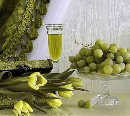 Tasty Life - wallpaper sketch, glass, fruits, tulips, wine, still life, other, vessel, flowers, grapes