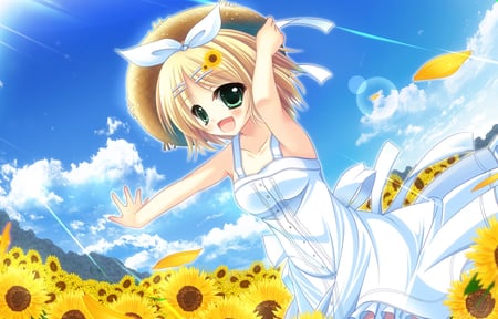 Kagamine Rin - hat, sunlight, sunflowers, anime, anime girl, vocaloid, dress, girl, cool, kawai, kagamine rin, cloud, cute