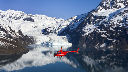 red chopper - winter, water, photography, snow, helicopter, reflection, aircraft, nature, red, cold, mountains