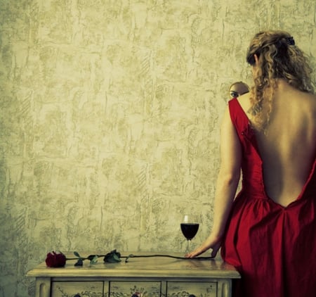 A Look Into The Mirror - female, mirror, woman, red, dress, blonde, rose, seductive