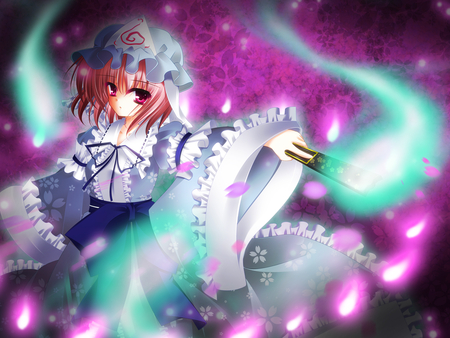 Saigyouji Yuyuko - girl, hat, pink hair, saigyouji yuyuko, touhou, cute, short hair, pink eyes, dress