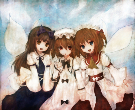 Touhou - girls, touhou, short hair, brown hair, dress, wings, red eyes, star sapphire, long hair, blonde hair, luna child, hat, sunny milk, blue eyes, ribbons, yellow eyes