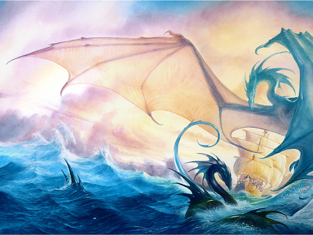 Dragon's Soul - wing, blue, aqua, dragon, hd, adventure, art, sky, storm, water, soul, ship, sea, ocean, cg, fantasy, dragons, sailboat, legend