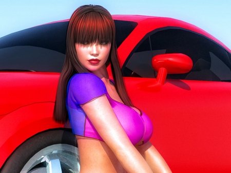 Girl w Car - 3-d, car, hot, girl, wallpaper