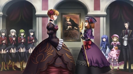 Umineko no Naku Koro ni - anime, lambdadelta, eva-beatrice, beatrice, dress, monocle, long hair, white hair, purple eyes, short hair, group, leviathan, red hair, ronove, blue hair, satan, hat, belphegor, blonde hair, frederica bernkastel, red eyes, cg, lucifer, black hair, umineko no naku koro ni