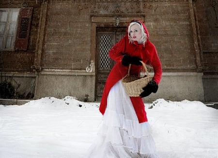 red riding hood - fantasy, white, female, red, snow, character