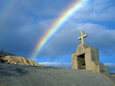 perfect rainbow - beauty, sky, rainbow, photography, colorful, cross, nature, clouds, blue, religious