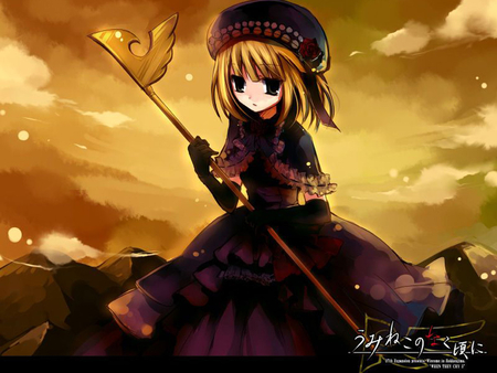 Eva-Beatrice - umineko no naku koro ni, short hair, black eyes, anime, girl, dress, sky, hat, eva-beatrice