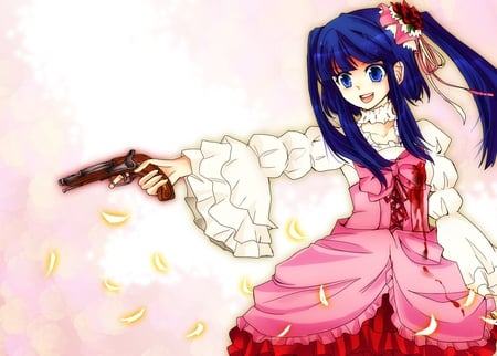 Furudo Erika - umineko no naku koro ni, beauty, anime, gun, girl, dress, long hair, hat, blue eyes, furudo erika, blue hair