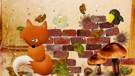 Autumn Foxy - mushrooms, brick wall, caricature, autumn, fox, crow, fall, snail, leaves, flowers, firefox persona