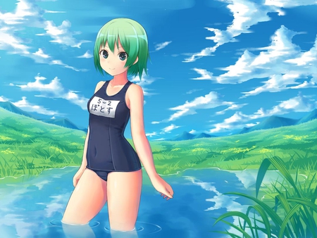 Coldfront - clouds, anime, water, blue, green, girl, cute, sky