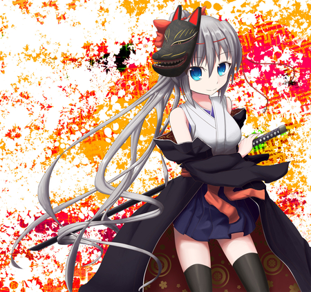 Pretty Little Samurai - red, cute, mask, orange, anime, girl