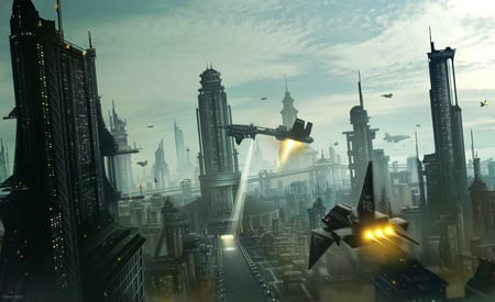 futuristic city - lights, clouds, shuttles, search light, blue sky, buildings