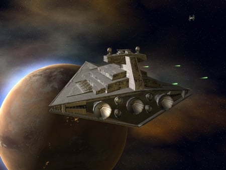 star destroyer - firing, tie fighter, planet, gas cloud, stars