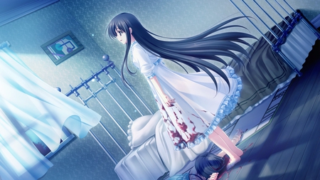 coldness - bed, girl, game, sad, room, blood, cg