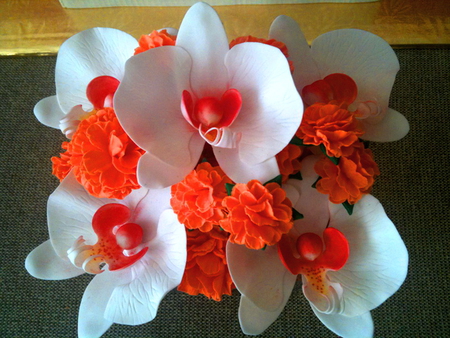 Blooms for Cinzia - white, coral, orchids, flowers, carnations