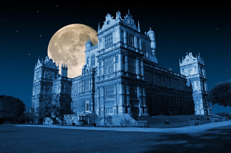 Blue in the Moon - moon, england, creepy, nottingham, night, hall, blue, architecture, wollaton, spooky