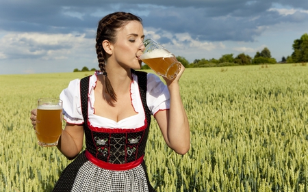 Man Heaven - woman, german, lips, hot, eyes, hair, field, legs, face, brown, beer, brunette, lady, sexy, girl, dutch, beautiful, bavarian, babe