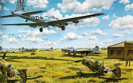 Safe Return - ww2, airfield, bomber, plane, russian, airplane, drawing, painting, flying, art, fortress, boeing, wwii, b-17, b17