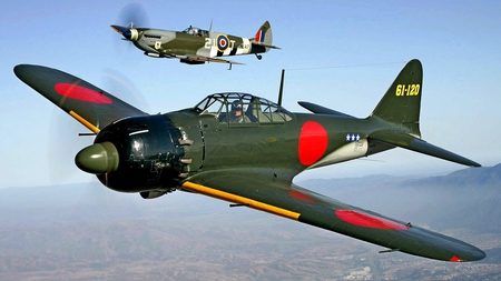 Enemies No More - ww2, fighter, plane, japanese, spitfire, a6m, zero, wwii, mitsubishi, supermarine, british, english