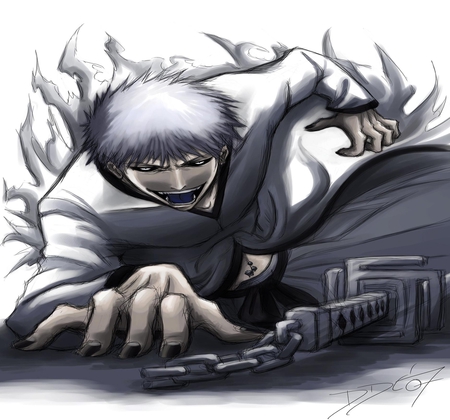 Ichigo's power is MINE!!! - yellow eyes, anime, sword, ichigo, zanpakuto, hollow zangetsu, kurosaki ichigo, white hair, zangetsu, male, hollow ichigo, bleach, katana, ichigo kurosaki, weapon, zanpakutou