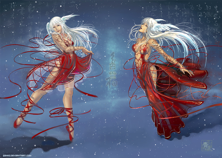 Lovely Ladies - tattoo, anime girl, female, beautiful, dress, red dress, writing, long hair, females, white hair, duo, girls, head wings, anime girls, blue eyes