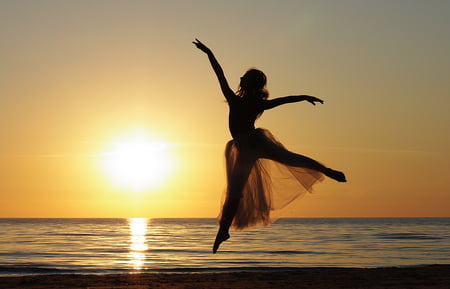 Golden dance - woman, dance, sun, golden, sea, grace