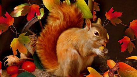 The Happy Squirrel - fall, cute, rodent, leaves, squirrel, firefox persona, acorns, berries, color, autumn