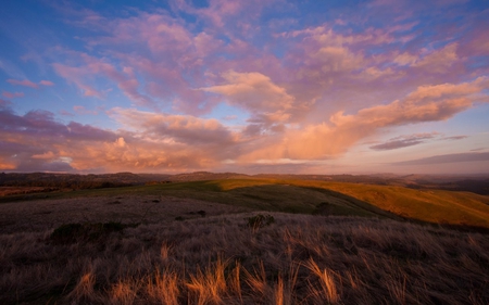 Clouds on Sunset - sky, clouds, view, beautiful, field, sunset, nature, grass