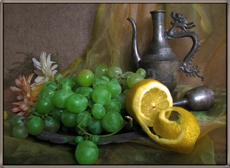 STILL LIFE - grapes, flowers, nature, lemon