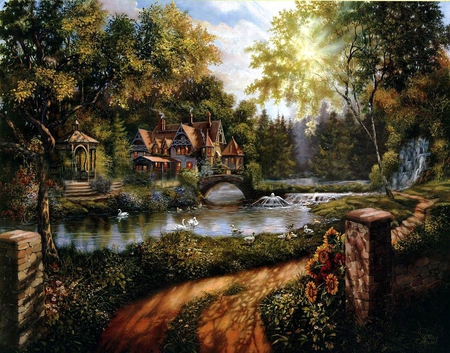 Klaus Strubel. Paradise - river, nature, swan, painting, art, tree, cottage, klaus strubel