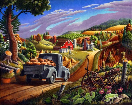 Walt Curlee. Taking Pumpkins To Market - road, walt curlee, pumpkin, tree, car, autumn, painting, halloween, field, art