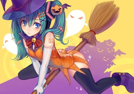 Witch Miku - pretty, artistic, twin tail, costume, halloween, nice, program, ghost, broom, hot, thighhighs, beauty, virtual, pumpkin, witch, cg, white, cute, aqua eyes, song, sexy, vocaloid, anime, blue, boots, twintail, hatsune miku, music, aqua, bats, purple, art, idol, hat, anime girl, broomstick, beautiful, singer, girl, cool, orange, black, miku, pin, awesome, diva, digital, aqua hair, thigh highs, hatsune, vocaloids