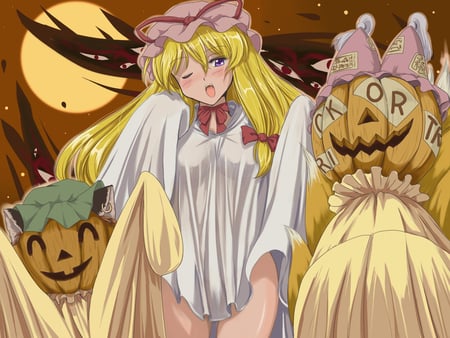 BOOO!!! - fox tails, blonde, tail, long hair, ribbon, halloween, yakumo yukari, purple eye, tails, hat, moon, ghost, blush, yelloy hair, pumpkin, yakumo ran, closed eye