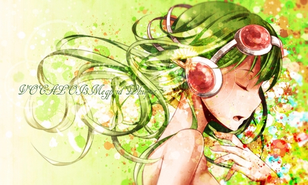 gumi [whisper] - vocaloid, girl, green hair, short hair, gumi, megpoid, closed eyes, headphones, green, cute girl, cute, sort hair