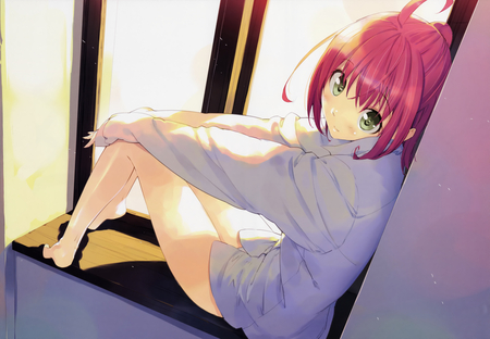 Ohayou~ - morning, white shirt, girl, pink hair, ahoge, kawaii, green eyes, window, no bottom, blush, cute, sunrise