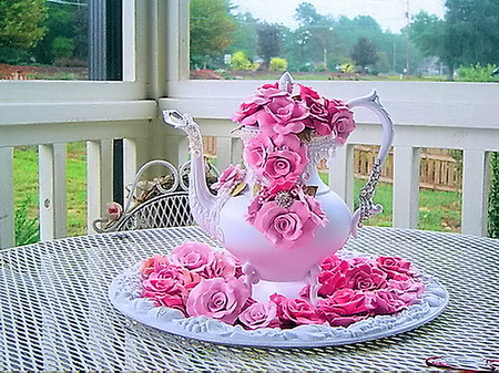 Tea roses - roses, railing, white, teapot, pink, petals, table, plate, garden