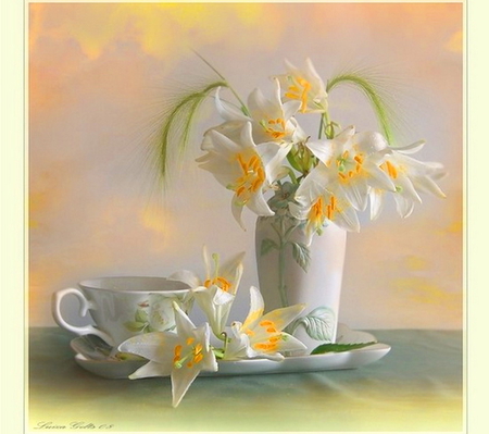 Softness - vase, white, yellow, table, lillies, cup