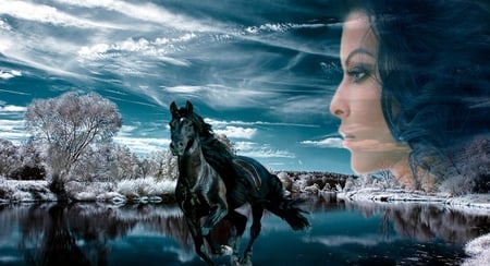 Horse - woman, lake, horse, trees, animals