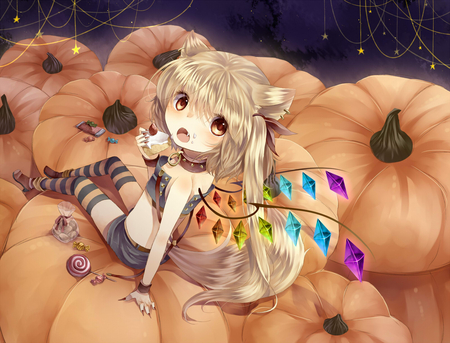 Happy Halloween - strawberry, flandre scarlet, animal ears, thighhighs, food, collar, blush, blonde hair, tail, fang, red eyes, short hair, touhou, wings, halloween, tepes