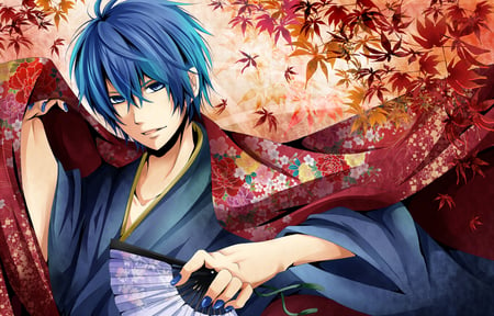 Kaito - male, autumn, fan, sexy, girl, kaito, cool, vocaloid, yukata, anime, kimono, japanese clothes