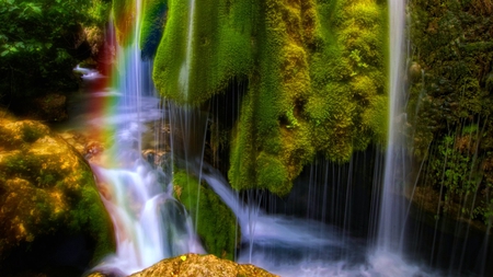 Simply Beautiful - waterfalls, splendor, rainbow, view, water, beautiful, beauty, colors, lovely, fall, colorful, river, nature, waterfall, green, peaceful, rocks