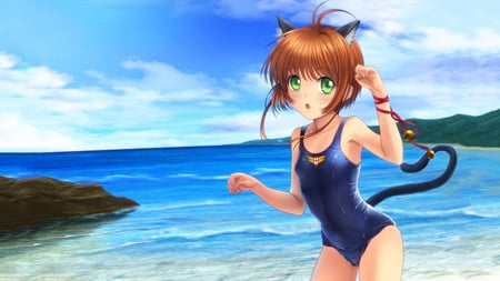 Anime - beach, neko, swimsuit, anime, bell