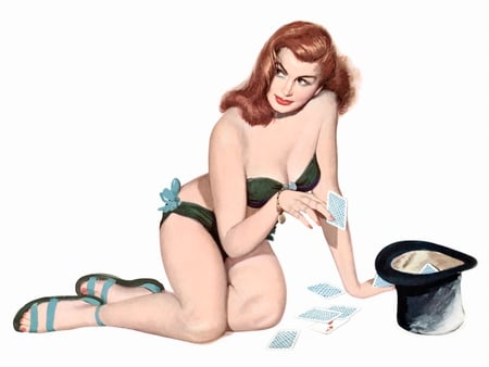 Pinup Playing Solitaire - legs, brown, eyes, face, brunette, art, hat, beautiful, hot, solitaire, girl, hair, cards, drawing, lips, babe, lady, woman, painting, sexy