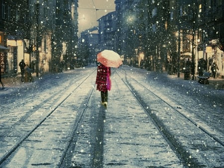 A Snowy Day... - woman, lady, umbrella, snow, night, walking, snowing, road