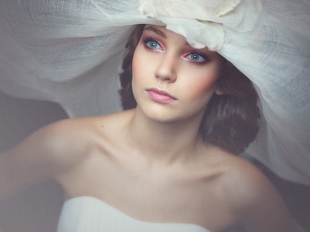 This magic stare - princess, beauty, stare, hat, lips, hair, eyes, beautiful lady, wonderful, face, magic stare, amazing, queen, cute, adorable, blue eyes, white dress, white hat, sweet