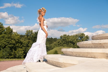 Stairway to heaven - stairs, beauty, sky, trees, bride, wonderful, clouds, green, love, wedding, white dress, heaven, blue, beautiful, stairway, happiness, blonde