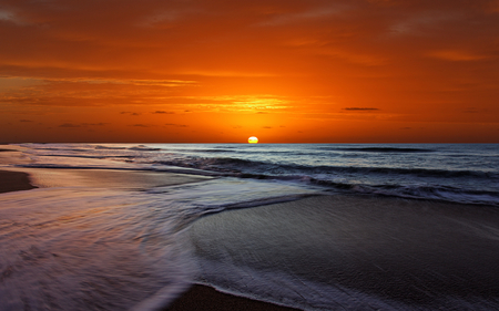 Radiant in Red - shoreline, fiery, glowing, sunlight, long exposure, beautiful, bold