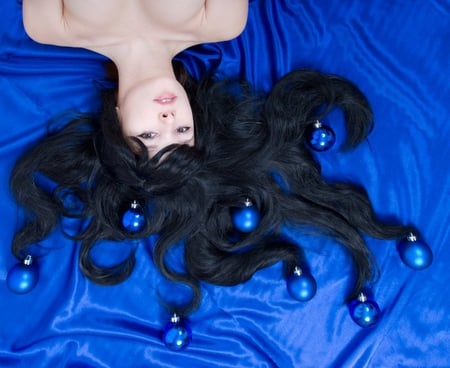 Blue christmas  - balls, laying, female, hair, blue, lovely, cute, christmas