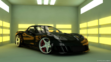 black car - black, silver alloys, modified, lights, two seater, garage